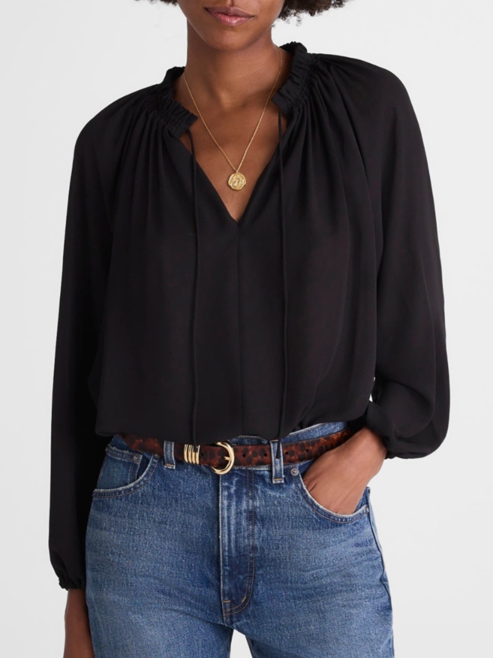 NWT Madewell Long-Sleeve Tie-Neck Top Blouse, Black, Small